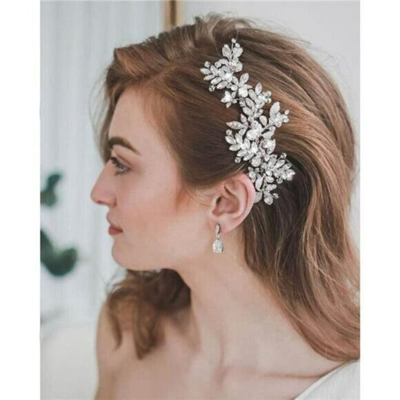 Bride Wedding Hair Comb Pearl Flower Hair Piece Rhinestone Silver Headpiece - Picture 6 of 7